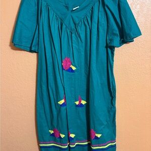 Vintage Teal Dress with Colorful Embroidery